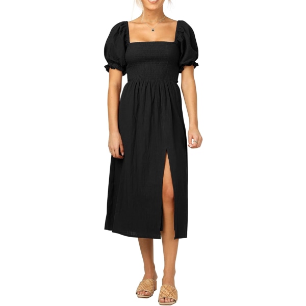 ivimos Sommarklänning för kvinnor Bomull Rutig Puffärmar Avslappnad Off-Shoulder Boho Sidoslitsad Midiklänning Svart Medium