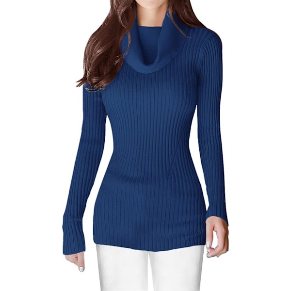 Kvinnors stretchiga krage stickad långärmad slim fit bodycon sexig tröja krage marinblå liten