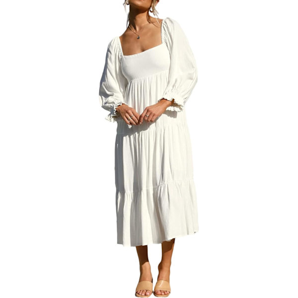 ivimos Dam Fall Bomull Lykta Långärmad Kvadrat Hals Casual Rygglös Boho Midi Klänning Vit Medium