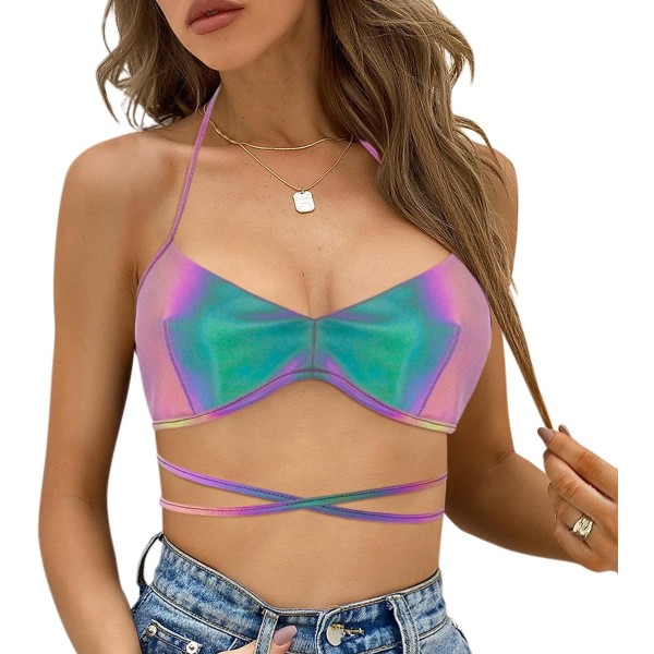 caela Dam Metallic Reflekterande Strapless Off Shoulder Crop Tube Top Rave Party Bandeau BH Reflekterande Spets Stor