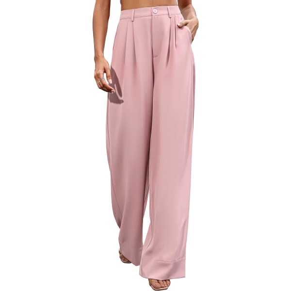 oo Dam Casual Bredben Kvinnor Knapp Ned Rakt Långbyxor Byxor Elastisk Hög Midja Klänning Byxor för Kvinnor Rosa 6