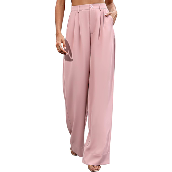 oo Dam Casual Bredbeniga Byxor Knapp Ned Rakt Långa Byxor Byxor Elastisk Hög Midja Klänning Byxor för Kvinnor Rosa 12