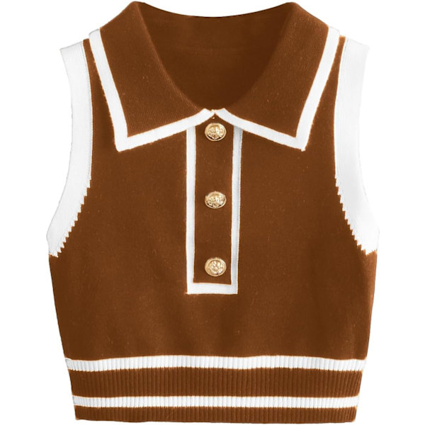 dusa Dam Button Front Striped Krage Ärmlös Tröja Väst Stickad Topp Mocha Brun Medium