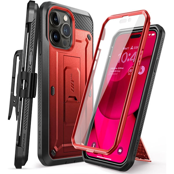 CASE Unicorn Beetle Pro Fodral för iPhone 14 Pro 6.1\", med inbyggt skärmskydd & stativ & bältesklämma Heavy Duty R Ruddy