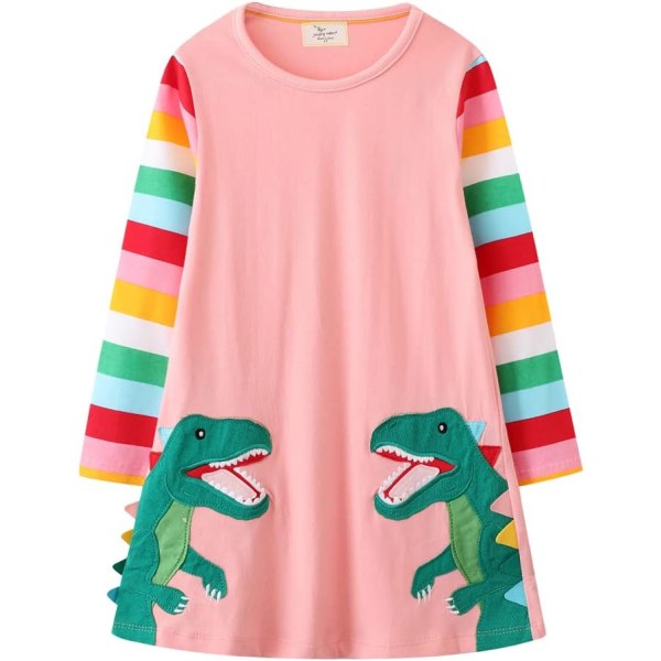gshilian flickor bomull långärmade klänningar Söt tecknad randig festklänning Dinosaurier & Pin 2T