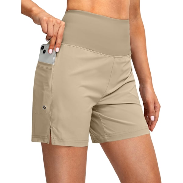 dual Damshorts för kvinnor med hög midja, 5 tum, med telefonfickor, UPF 50+, snabbtorkande badshorts för kvinnor med foder, khaki, X-Large