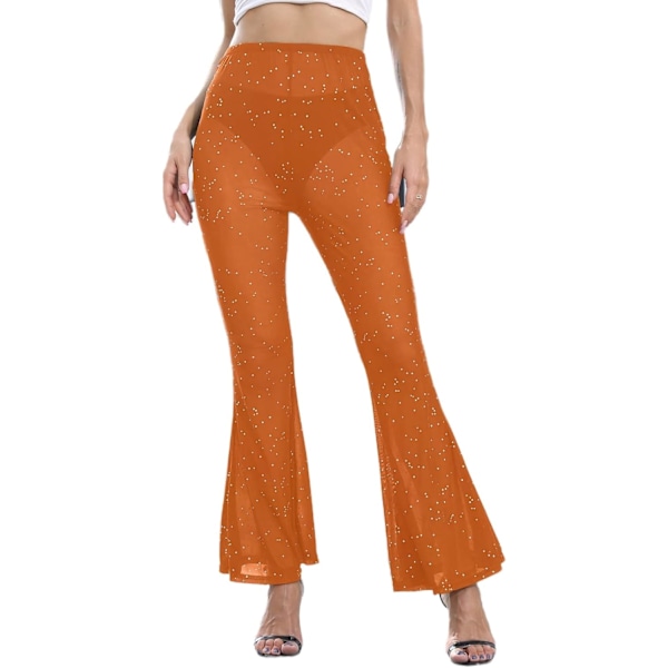Kvinnors Rave Sheer Mesh Shiny Pants Flared High Waist Bell Bottom Pants för Fest Dans Festival