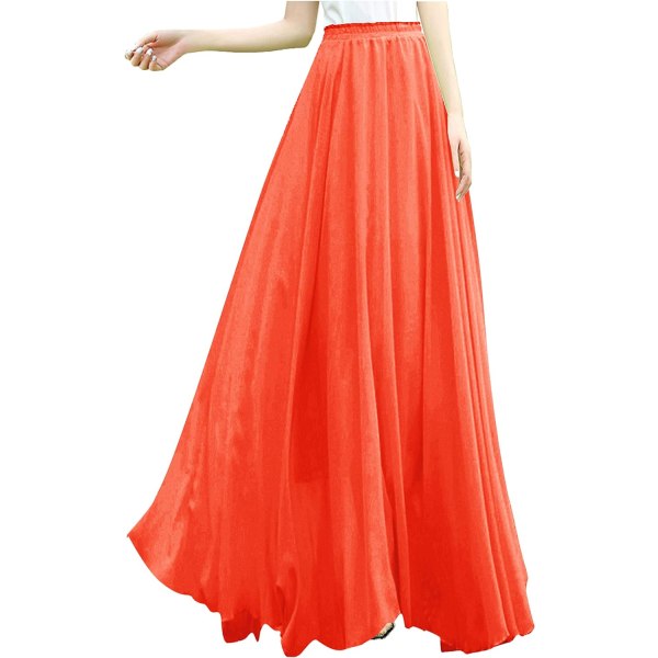 Kvinnor Full/Ankel Längd Elastisk Plisserad Retro Maxi Chiffon Lång Kjol Orange Stor