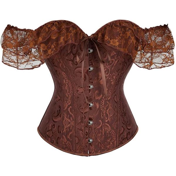 MMUO Kvinnors Korsett Topp med Spetsärm Spets Upp Sexig Bustier Lingerie Midjetränare Kostym Toppar Brun Liten