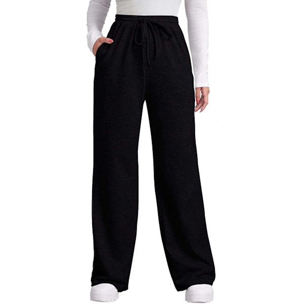 EFAN Dam höstbyxor med fickor vinter elastisk midja sweatpants vida ben dragsko byxor S-XXL svart 3X-Large