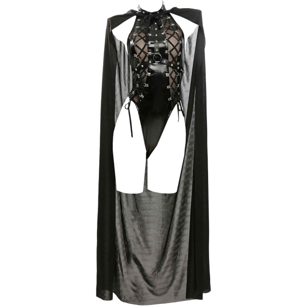 WCOS Bodysuit för kvinnor Gothic Dark Witch Style Damunderkläder Set med mantel och häxhatt Svart Medium