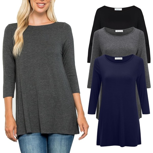 e to Live 3-pack 3/4-längd långärmade tunikor att bära med leggings för kvinnor, löst sittande casual skjortor, resekläder, svart, kol, medium