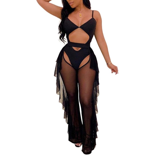sv Beading Pearl See Through Sheer Mesh 2 Pieces Outfits Jumpsuits Crop Top och Hollow Out Ruffle Long Pants Mesh Black X-Large