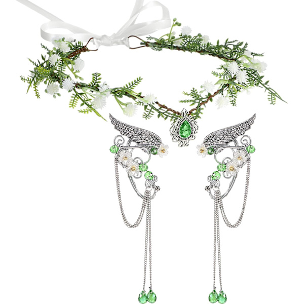 En Halloween Alver Cosplay Set Fe Blomsterkrona Huvudbonad Alvöron Manschetter Renässans Blomsterblad Alver Vingar Öronmanschett Grön Skog