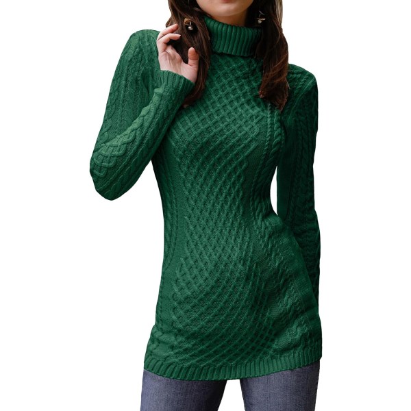 Dam tröja i bomull med sköldpaddsformad krage, Aran-mönster, Fair Isle-mönster och kabelstickning, grön, liten