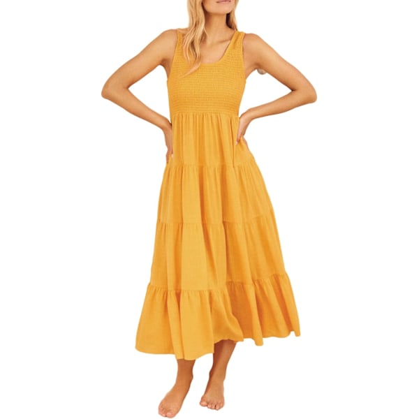 ivimos Dam Sommarklänning Utan Ärm Boho Casual Smokad Rygglös Vågig Volang Flytande Midiklänning Gul X-Large