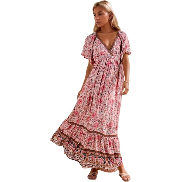 ivimos Dam Sommar V-hals Maxiklänning Boho Blommig Tryck Korta Ärmar Elastisk Midja Volang Patchwork A-linje Strandklänning Rosa Liten