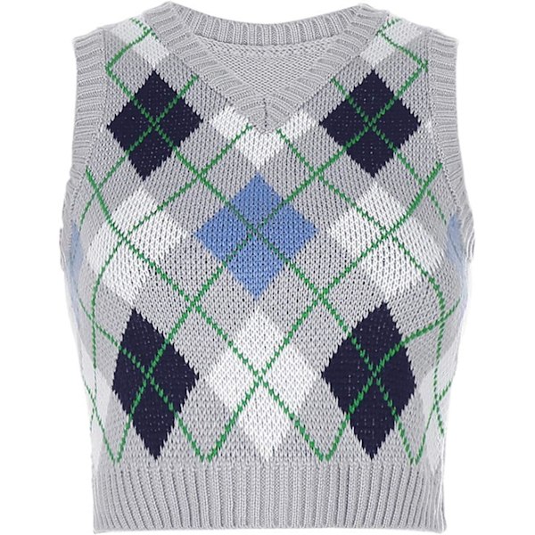 pels Argyle Sweater Vest Kvinnor y2k Rutig Stickad Streetwear Preppy Stil V-halsad Crop Knitwear Skola Tank Top för Flicka