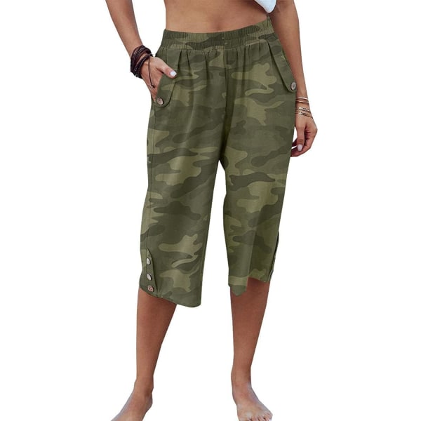 aer Dam Capribyxor Casual Cropped Byxor Elastisk Midja Sommarbyxor 3/4 Längd Byxor med Fickor S-XXL Z-kamouflage X-Large