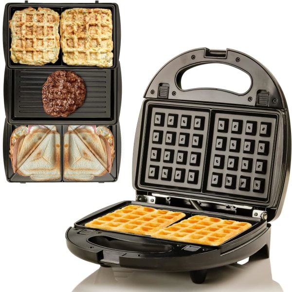 ONTE GPI302B 3-i-1 elektrisk smörgåsmaskin med löstagbar non-stick våffel- och grillplattor, 750 watt, LED-indikatorlampor, coolt handtag, A