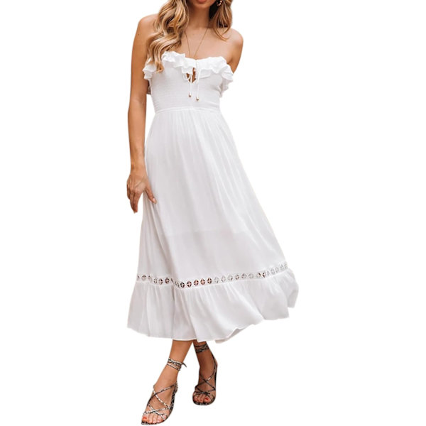 ivimos Dam Sommar Bomull Spaghetti Remmar V-Ringning Volang Casual Boho Midi Flytande Klänning Vit#2 Medium
