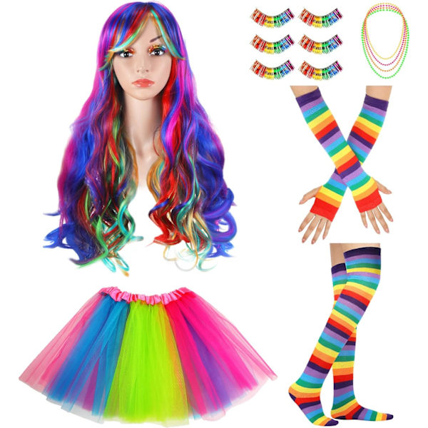 nbow Kostymtillbehör Set Innehåller Regnbågsperuk 3 Par Regnbågsfransar 4 Stycken Karneval Fest Pärlor Halsband, Rainbo  Liten