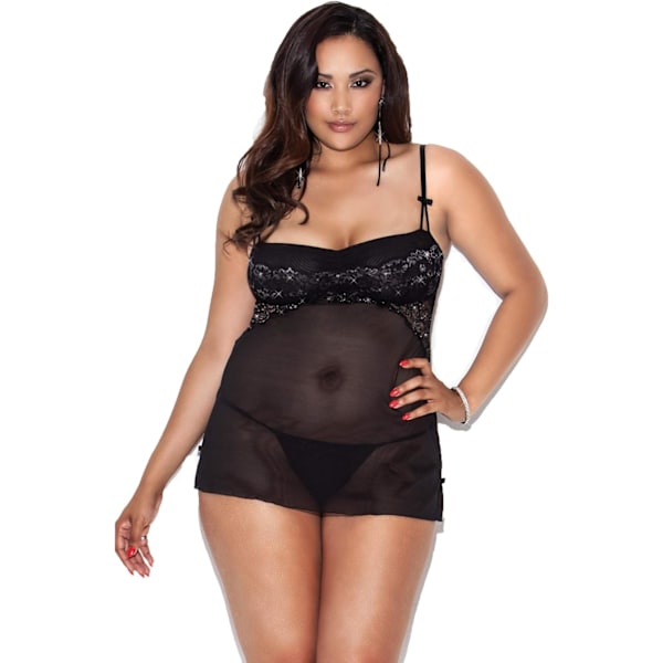 llection Plus Size Metallic Spets och Mesh Babydoll och G-String Svart 1X