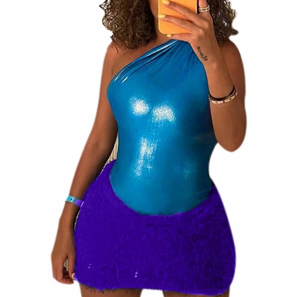 ova Orityle Sexig One Shoulder Ärmlös bodysuit Shiny Liquid Metallic Bodysuit Tops with Fuzzy Skirt Set Blue Large