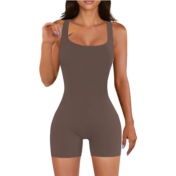 NOCEL Dam Ribbad Ärmlös Tank Bodycon Romper Kort Yoga Jumpsuit Catsuit Playsuit Brun Stor