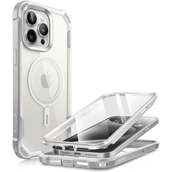 lason Ares Mag för iPhone 15 Pro case, [kompatibel med MagSafe] Tåligt, genomskinligt case med två lager med inbyggd skärm Vit