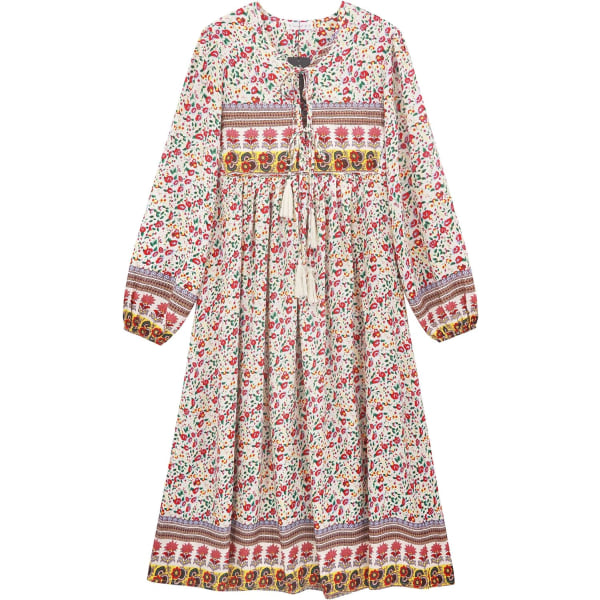 ivimos Dam långärmad blommig tryck retro V-ringad tofs casual bohemisk midiklänningar Whitered#2 X-Small