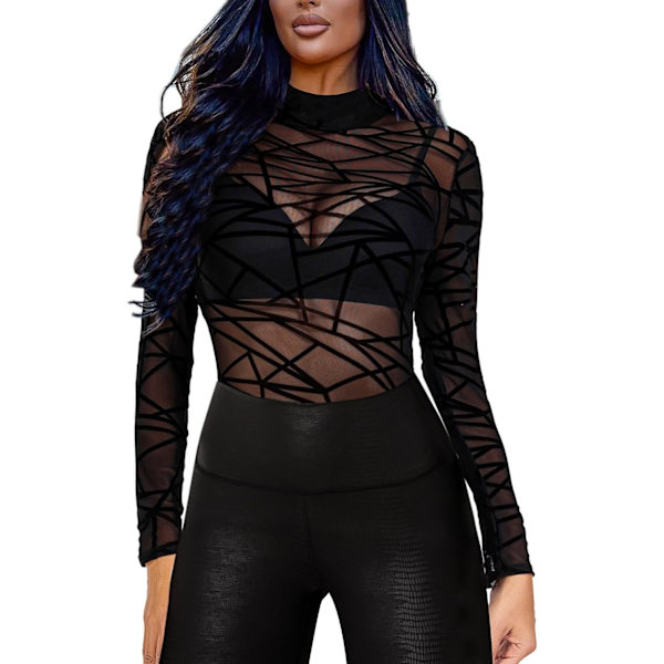 orRun Dam Mesh Top Blommig Mesh Långärmad Topp Mock Neck Genomskinlig Topp Monterad Sexig Utekväll Topp