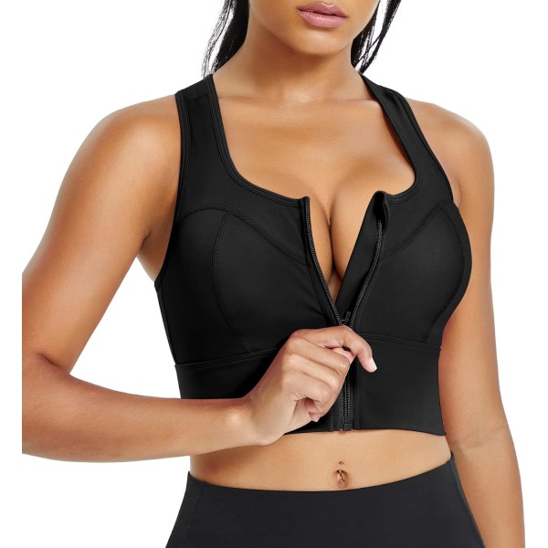 XK Racerback Sports BH för kvinnor Longline Yoga BH Zip Front Crop Top Vadderade linne träningströja Svart Stor