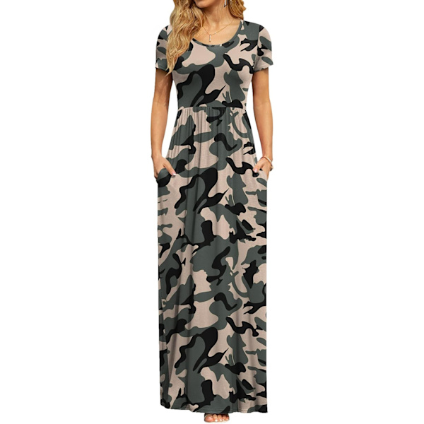 MOON Damklänning med korta ärmar, lång maxiklänning, casual empire midja, lång klänning med fickor, camouflage 01 XX-Large