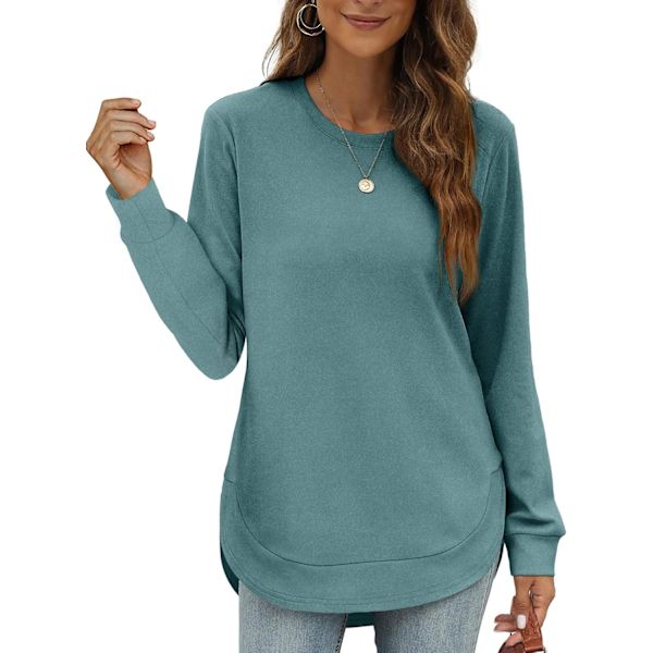 EFAN Damtröja Crewneck Långärmad Skjortor för Kvinnor Hög Låg Toppar Kurvad Fåll 07-gråblå X-Large