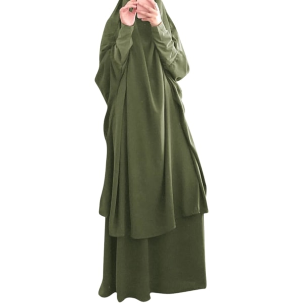DEX Bönekläder för muslimska kvinnor Islamisk Abaya kostym Maxikjol + Khimar Hijab 2st Burka Jilbab Kaftan Army Green One Size
