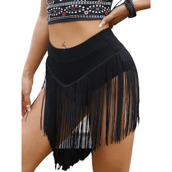 dusa Dam Elastisk Hög Midja Frans Tassel Shorts Booty Dance Botten Svart Solid X-Large