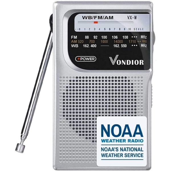 NA väderradio - NOAA/AM/FM batteridriven bärbar nödradio med bästa mottagning och långvariga transistor. Drivs av 2 AA-batterier