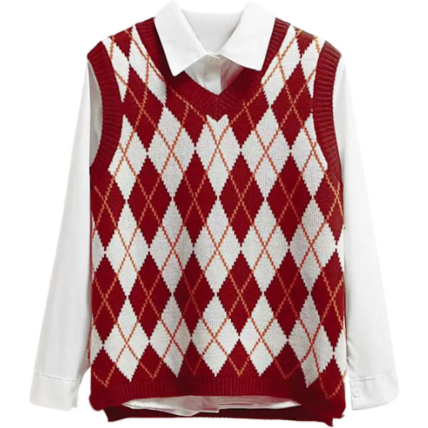 pels Argyle Sweater Vest Kvinnor y2k Rutig Stickad Streetwear Preppy Stil V-halsad Crop Stickad Skoltröja Tank Top för Flicka