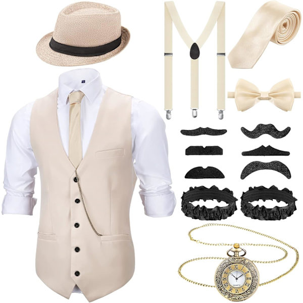 INIOR 1920-tals herrkläder 20-tals Halloween Cosplay-tillbehör Outfit med gangster väst Fedora hatt fickur hängslen beige medium