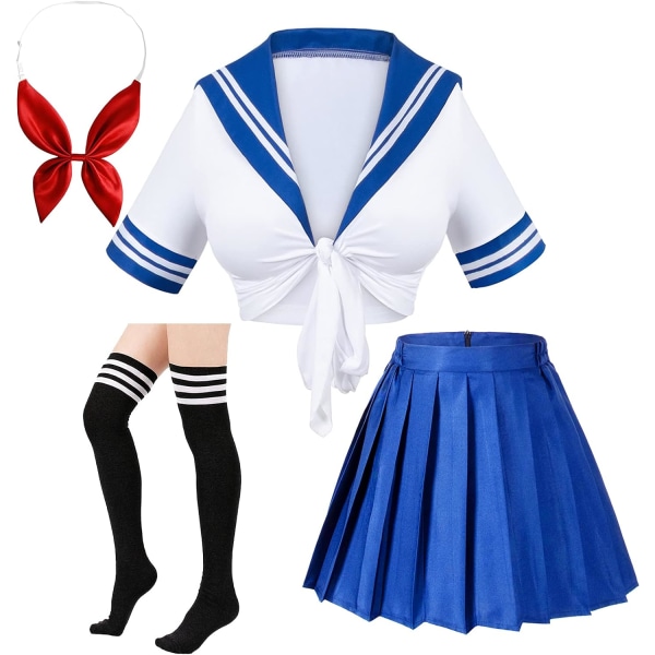 anese Anime Schoolgirl Classic Sailor JK Harajuku Crop Top Tie up Plisserad kjol Uniform Seifuku Strumpor Rosett Set Vit Blå Liten