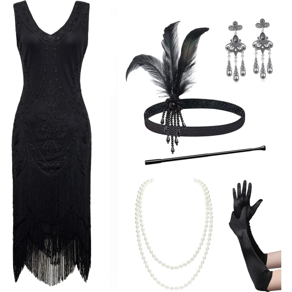 EYOND 1920-tals Flapper Dress Roaring 20-tal Great Gatsby Costume Klänning Fransad Utsmyckad Klänning Svart Medium