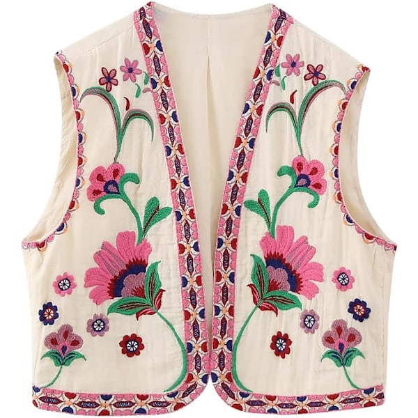 ivimos Dam bomullsbeskuren väst vår sommar ärmlös blomsterbroderi öppen framsida vintage kofta beige-rosa stor