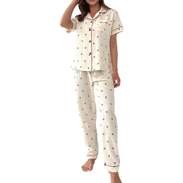 dusa Dam 2-delade tryckta pyjamas set sovkläder knapp upp skjorta med byxor beige medium