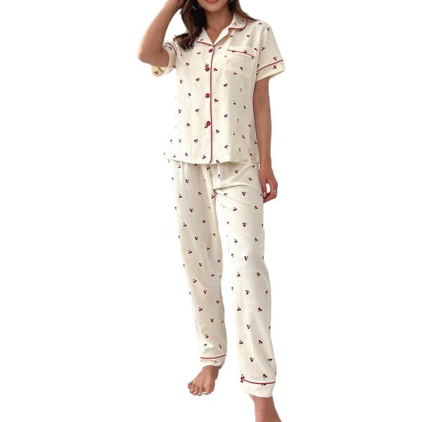dusa pyjamasuppsättningar med 2 delar printed damkläder Sovkläder Knäppningsskjorta med byxor Beige Large