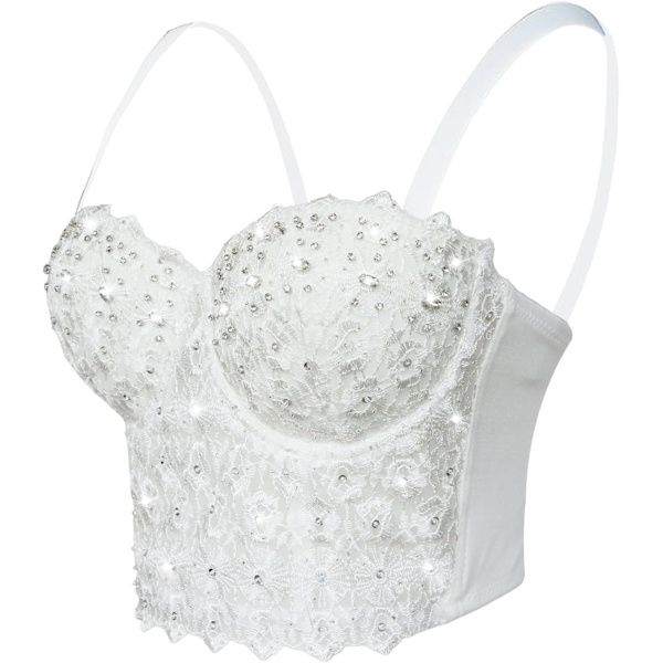 kiss Dam Sexy Reigning Lace Rhinestone Bustier Bröllop Fest Crop Top BH Väst R Vit Stor