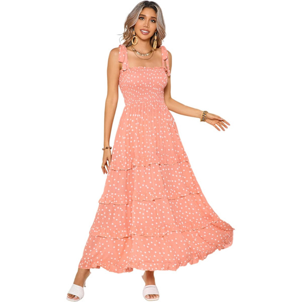 ivimos Dam Sommar Remmar Bomull Oregelbunden Polka Dot Volanger Midi Klänning Lightsalmon#2 X-Large