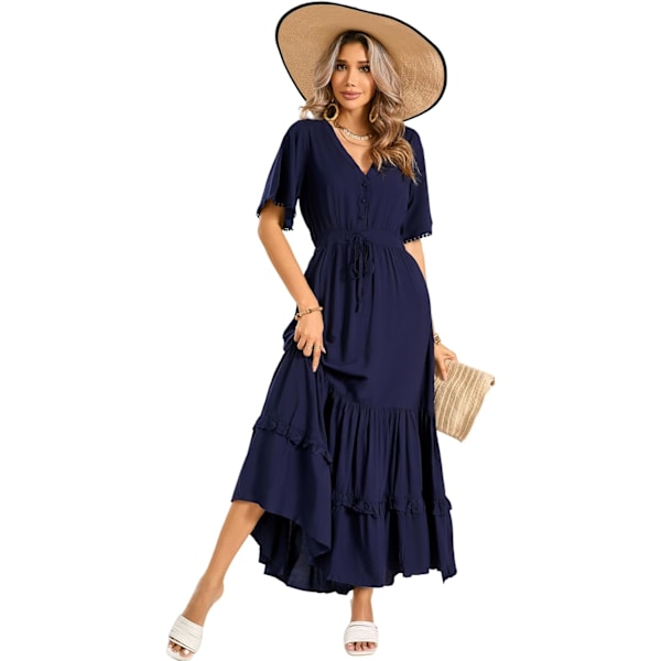 ivimos Dam Sommar Bomull Kortärmad V-hals Blommig Tryck Casual Bohemian Midiklänningar Marinblå X-Large