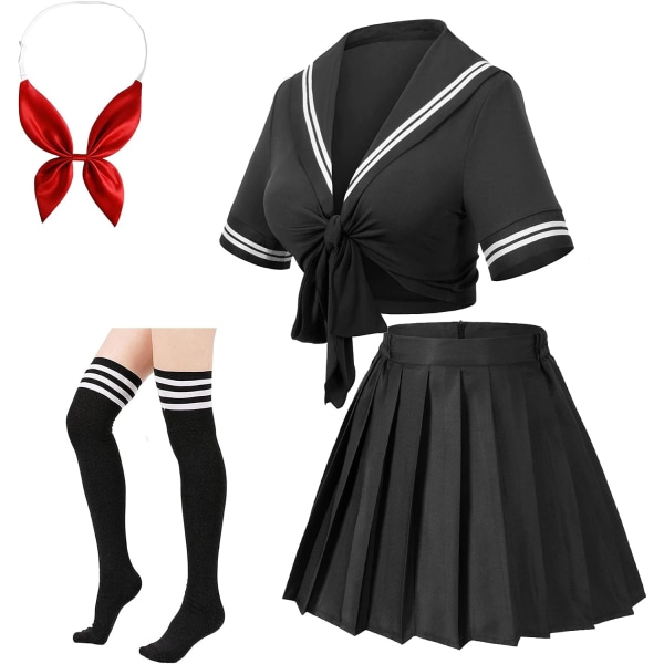 Japansk Anime Skolflicka Klassisk Sailor JK Harajuku Crop Top Knytbar Plisserad Kjolf Uniform Seifuku Strumpor Rosett Set Svart Liten