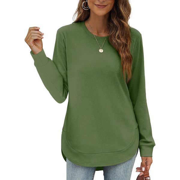 EFAN Damtröja Crewneck Långärmad tröjor för kvinnor Hög Låg Toppar Kurvad Fåll 16-grön Medium
